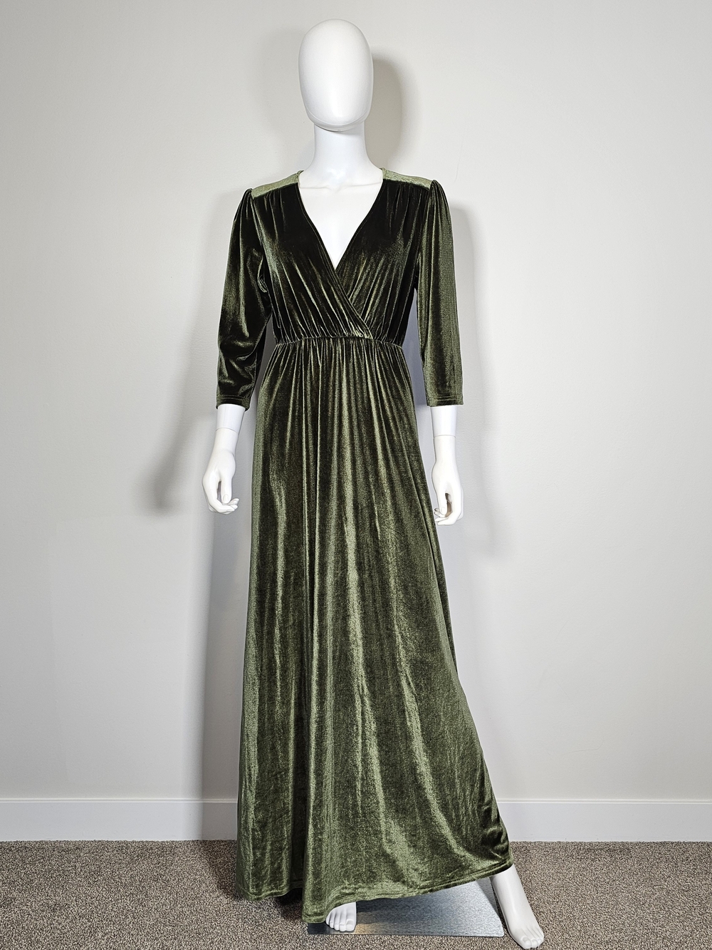 Baltic Born Olive Green Velvet Waist Cinch Maxi Dress Sz L